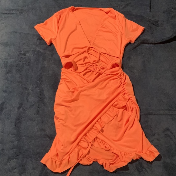 Coral Tied Cutout Front Ruffle Trim Wrap Hem Dress - Picture 2 of 2